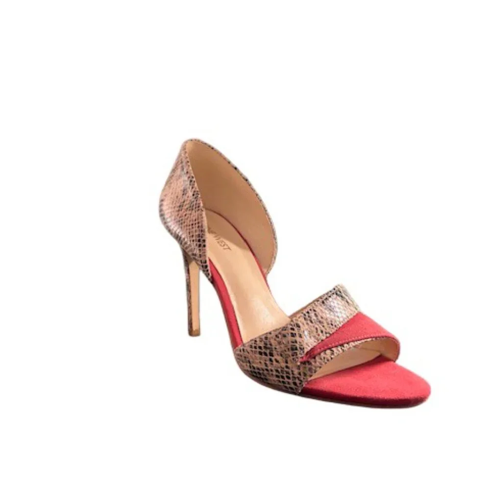 Nine West Snakeskin Print with Coral Suede Open Toe Stiletto Heel - Size 8.5 - Picture 5 of 10